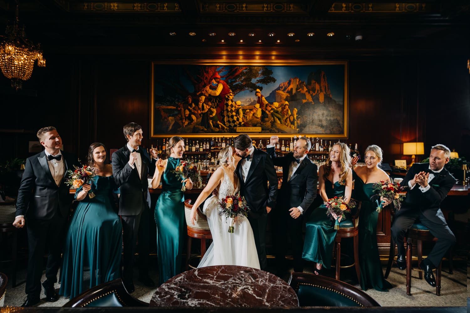 Wedding party portrait inside the Pied Piper Bar at the Palace Hotel San Francisco