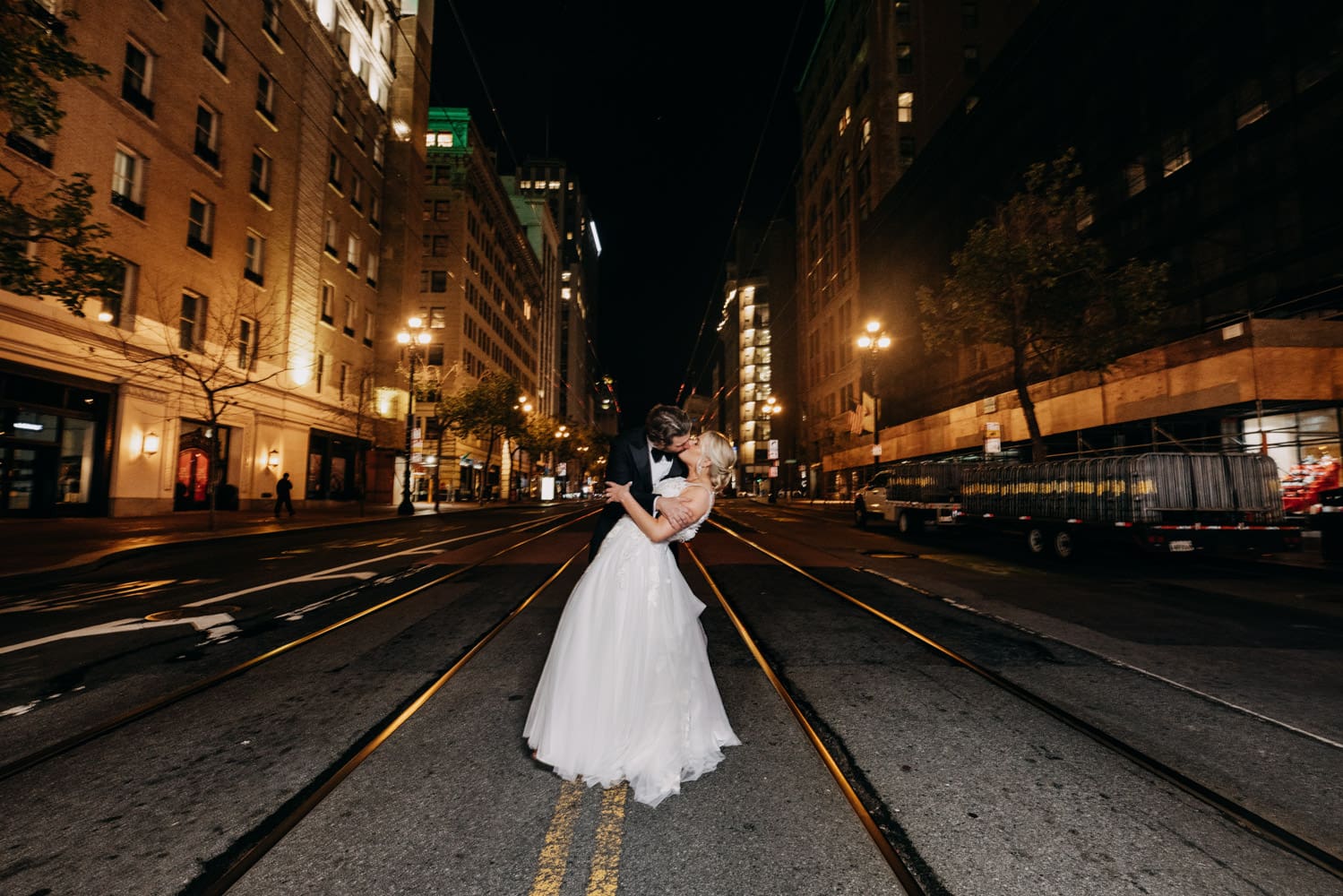 Couple portrait outside the Palace Hotel San Francisco on Market Street