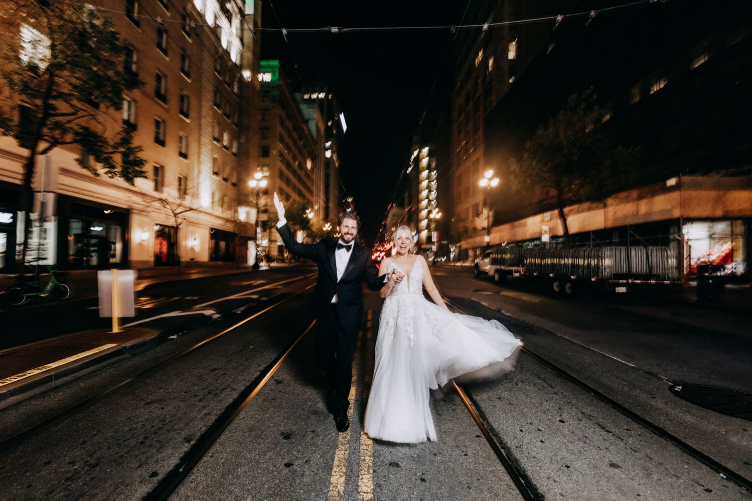 Bride and groom portrait outside the Palace Hotel on Market Street San Francisco