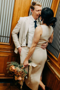 vintage elevator portrait San Francisco City Hall wedding