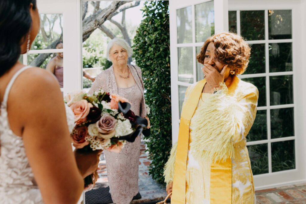 Bride and family first look at Lavanda at Leal Vineyards