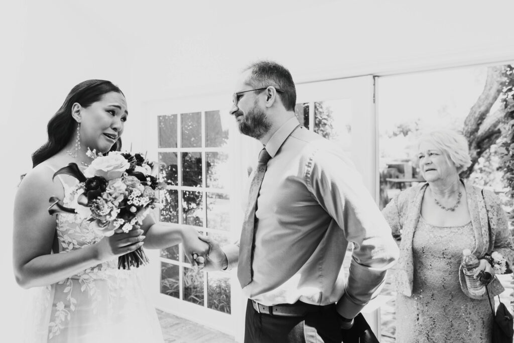 Bride and family first look at Lavanda at Leal Vineyards