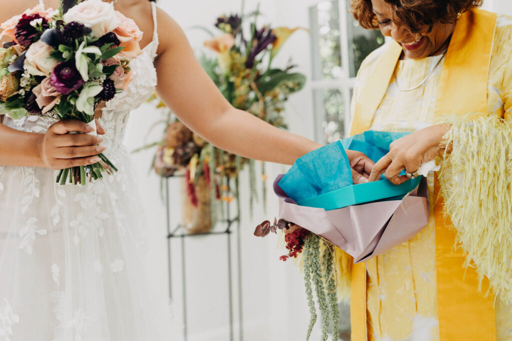 Bride giving family member a gift