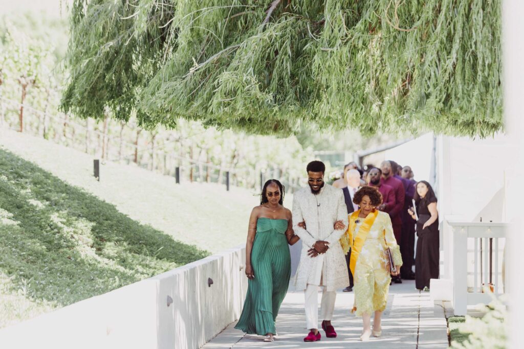 Wedding party lines up before the ceremony begins at Lavanda Leal Vineyards