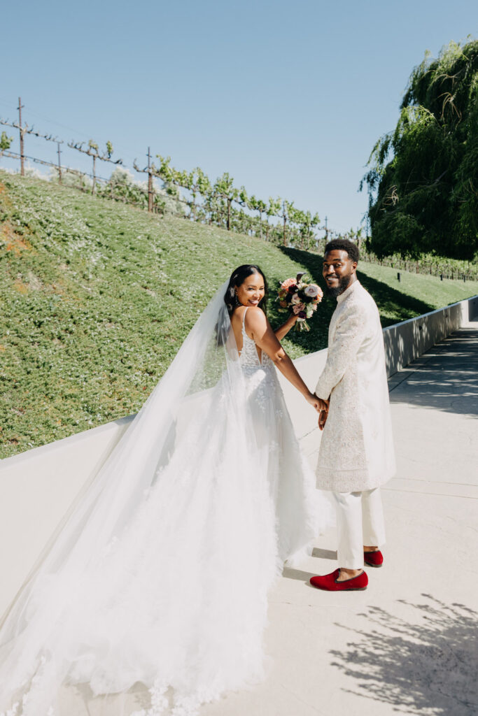 Bride and groom after their ceremony at Lavanda Leal Vineyards.