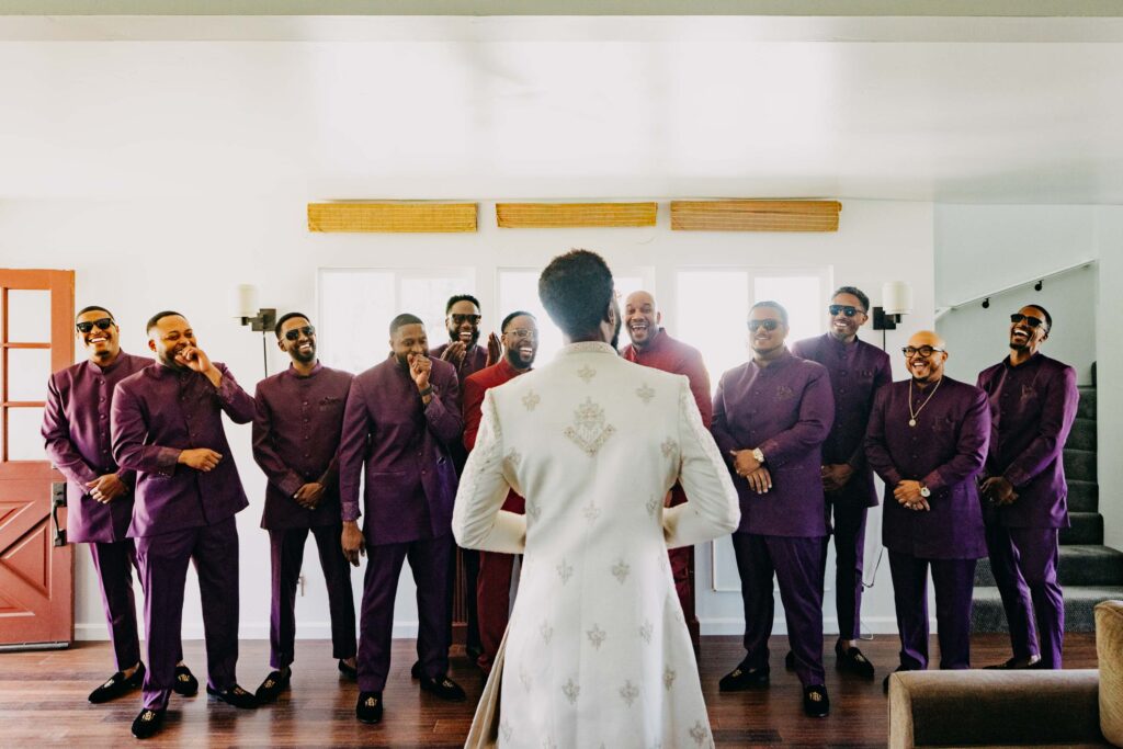 Groom and groomsmen first look at Lavanda at Leal Vineyards