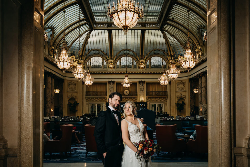 Bride and Groom portrait in Garden Court at Palace Hotel